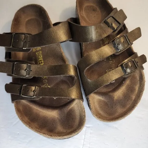 Birkenstock Brown Leather Three Strap Slide Sandals Comfort, sz 5
