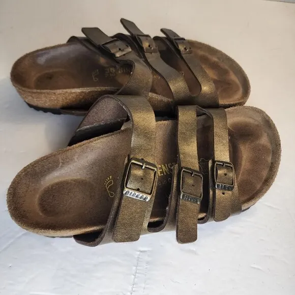 Birkenstock Brown Leather Three Strap Slide Sandals Comfort, sz 5