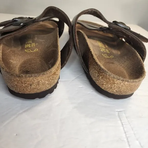 Birkenstock Brown Leather Three Strap Slide Sandals Comfort, sz 5