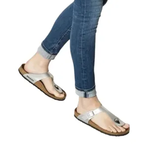 Birkenstock Gizeh Silver Birko-Flor Faux Vegan Leather Slip-On Thong Sandals
