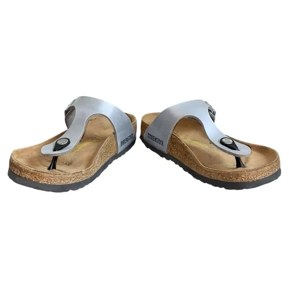 Birkenstock Gizeh Silver Birko-Flor Faux Vegan Leather Slip-On Thong Sandals