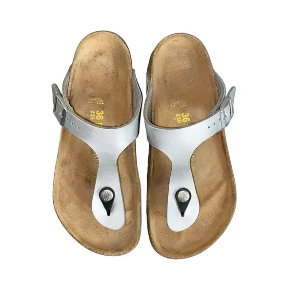 Birkenstock Gizeh Silver Birko-Flor Faux Vegan Leather Slip-On Thong Sandals