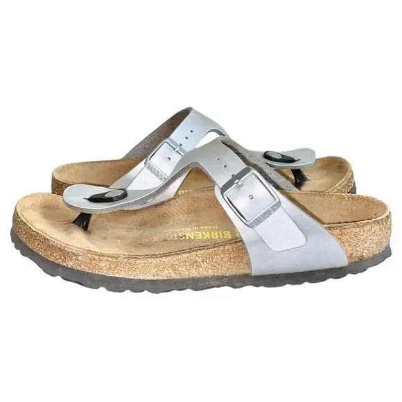 Birkenstock Gizeh Silver Birko-Flor Faux Vegan Leather Slip-On Thong Sandals