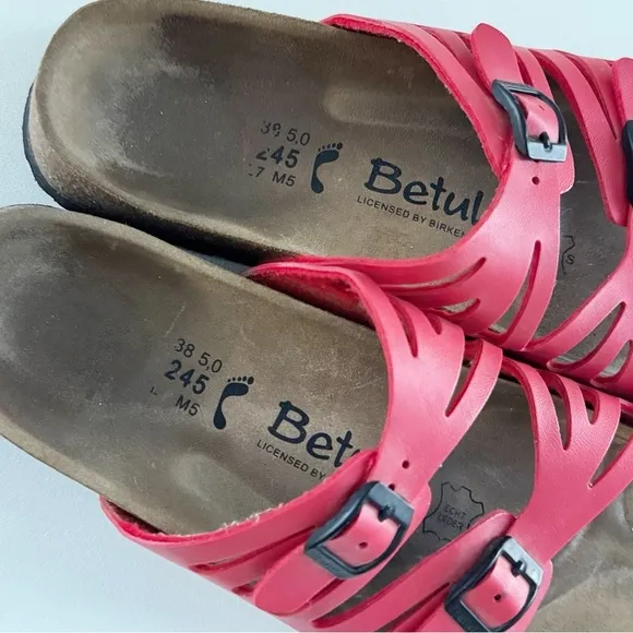 Birkenstock Granada Sandals Betula Leather Two Strap Classic Red Narrow 7/ 38