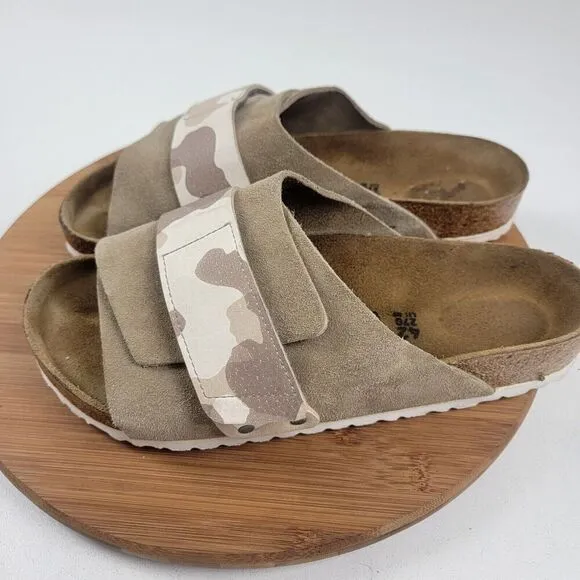 Birkenstock Kyoto Suede Tan Camo Taupe Sandals - Men Size US 9 EU 42 Regular