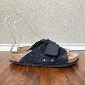 BIRKENSTOCK Kyoto Wide Strap Slide Sandals in Navy Nubuck Suede