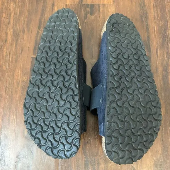 BIRKENSTOCK Kyoto Wide Strap Slide Sandals in Navy Nubuck Suede