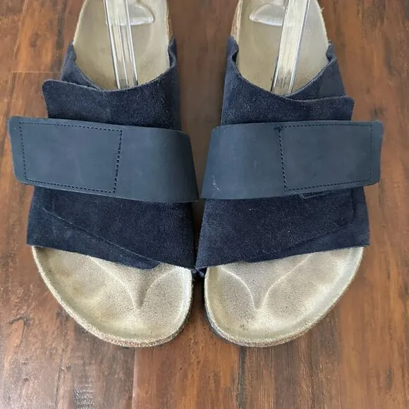 BIRKENSTOCK Kyoto Wide Strap Slide Sandals in Navy Nubuck Suede