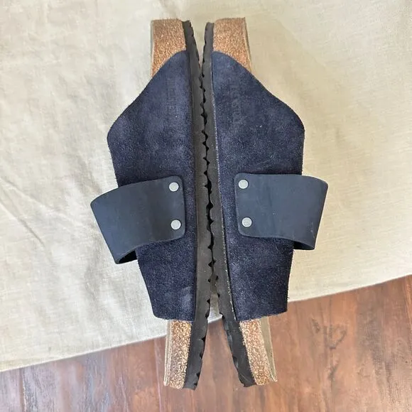 BIRKENSTOCK Kyoto Wide Strap Slide Sandals in Navy Nubuck Suede