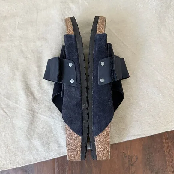 BIRKENSTOCK Kyoto Wide Strap Slide Sandals in Navy Nubuck Suede
