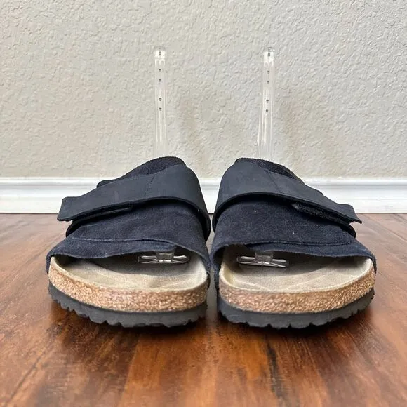 BIRKENSTOCK Kyoto Wide Strap Slide Sandals in Navy Nubuck Suede