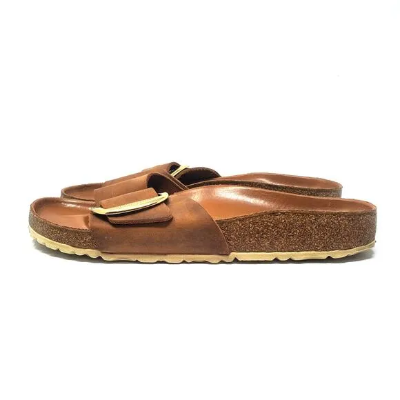 Birkenstock Madrid Big Buckle Sandals Cognac Oiled Leather Size 40 Narrow Fit