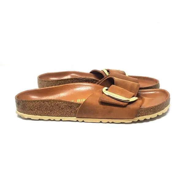 Birkenstock Madrid Big Buckle Sandals Cognac Oiled Leather Size 40 Narrow Fit
