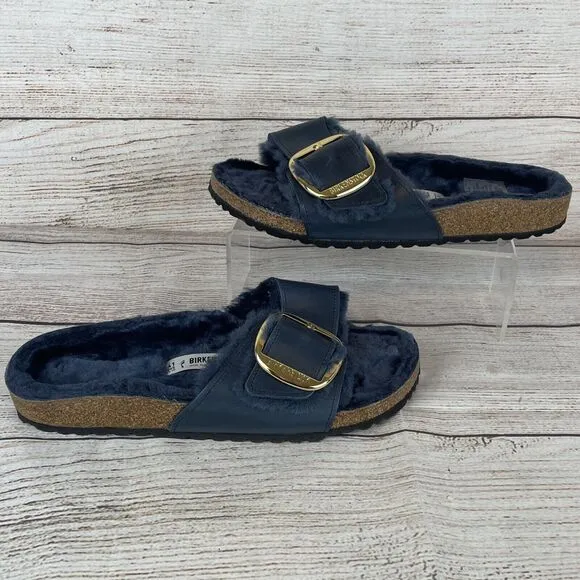 Birkenstock Madrid Big Buckle Shearling Womens Sandals Sz 41 (10) Midnight Blue
