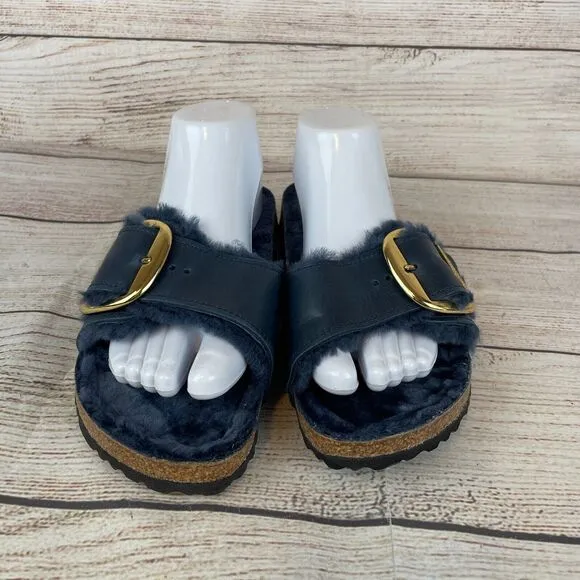 Birkenstock Madrid Big Buckle Shearling Womens Sandals Sz 41 (10) Midnight Blue