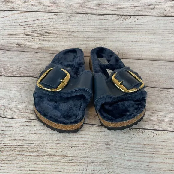 Birkenstock Madrid Big Buckle Shearling Womens Sandals Sz 41 (10) Midnight Blue