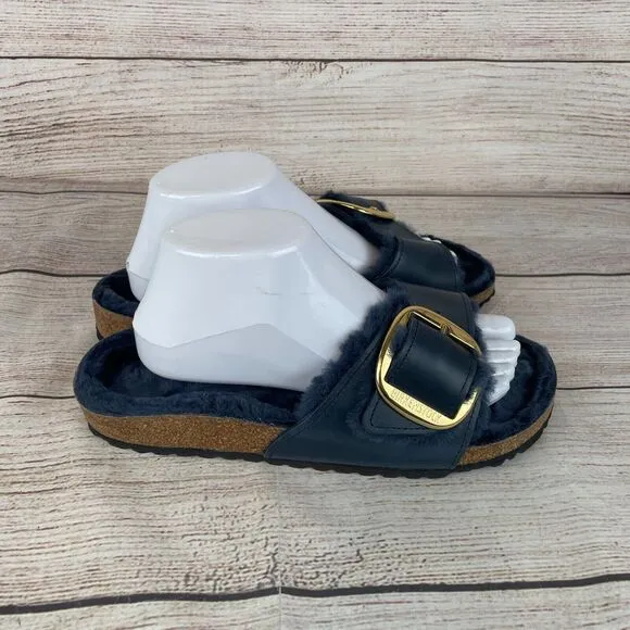 Birkenstock Madrid Big Buckle Shearling Womens Sandals Sz 41 (10) Midnight Blue