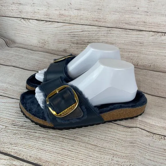 Birkenstock Madrid Big Buckle Shearling Womens Sandals Sz 41 (10) Midnight Blue