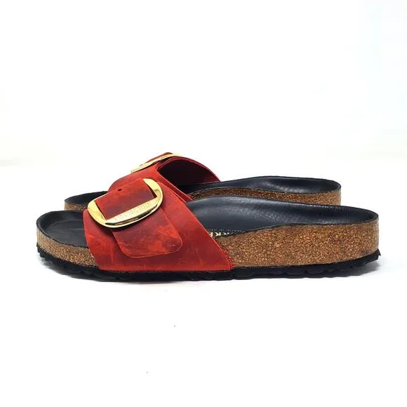 Birkenstock Madrid Gold Big Buckle Sandals Fire Red Oiled Leather Size 38 Narrow