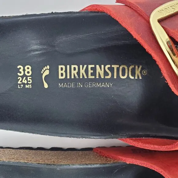 Birkenstock Madrid Gold Big Buckle Sandals Fire Red Oiled Leather Size 38 Narrow