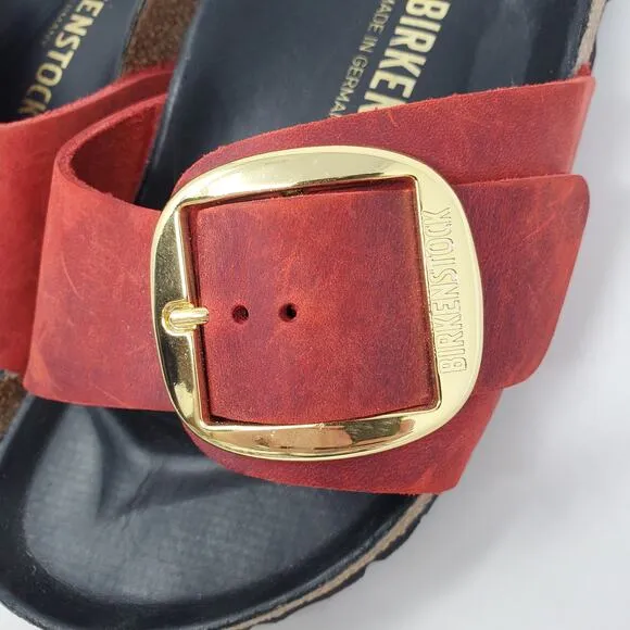 Birkenstock Madrid Gold Big Buckle Sandals Fire Red Oiled Leather Size 38 Narrow