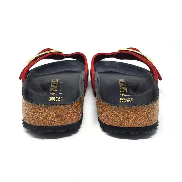 Birkenstock Madrid Gold Big Buckle Sandals Fire Red Oiled Leather Size 38 Narrow