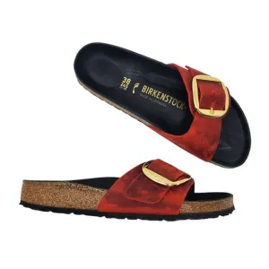 Birkenstock Madrid Gold Big Buckle Sandals Fire Red Oiled Leather Size 38 Narrow