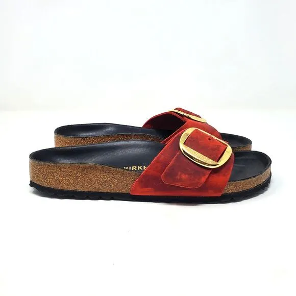 Birkenstock Madrid Gold Big Buckle Sandals Fire Red Oiled Leather Size 38 Narrow