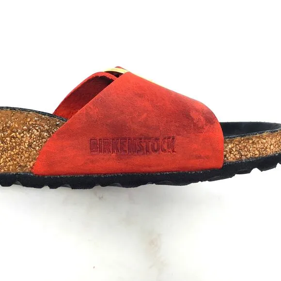 Birkenstock Madrid Gold Big Buckle Sandals Fire Red Oiled Leather Size 38 Narrow