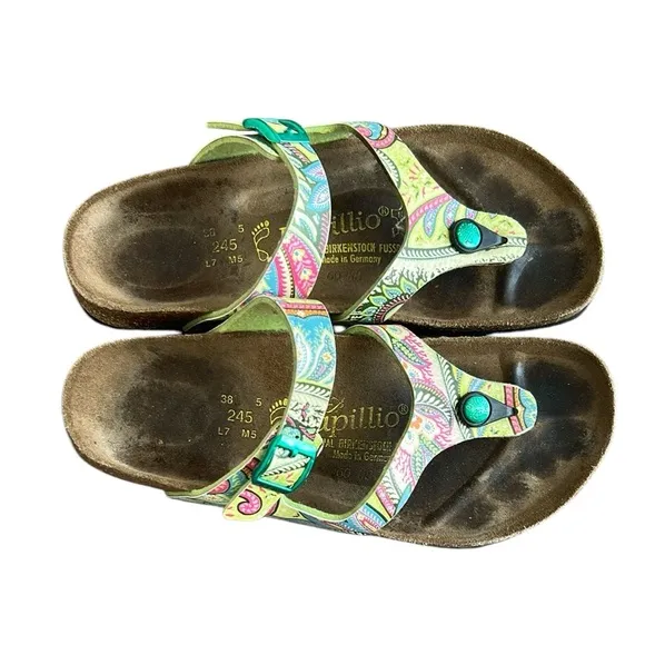 Birkenstock Papillo Green/Pink Gizeh Paisley Buckle Thong Sandals Bohemian 7