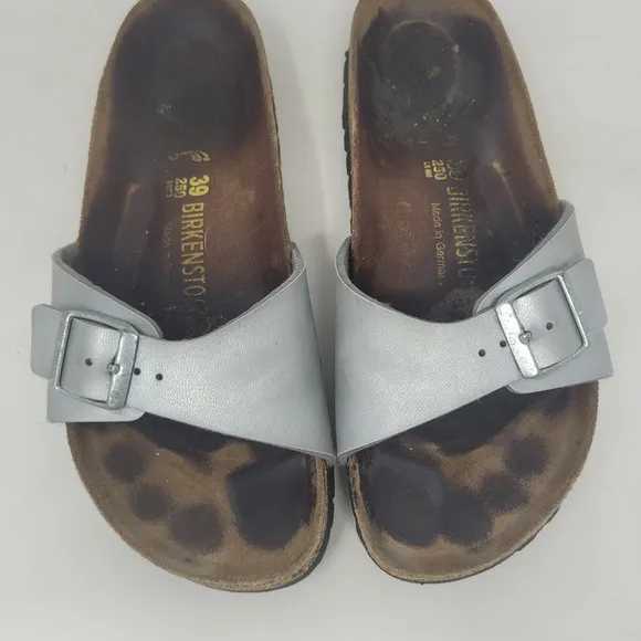 Birkenstock Sandals Metallic Silver EU39 US8.5 Madrid Birko-Flor Slip On Slides