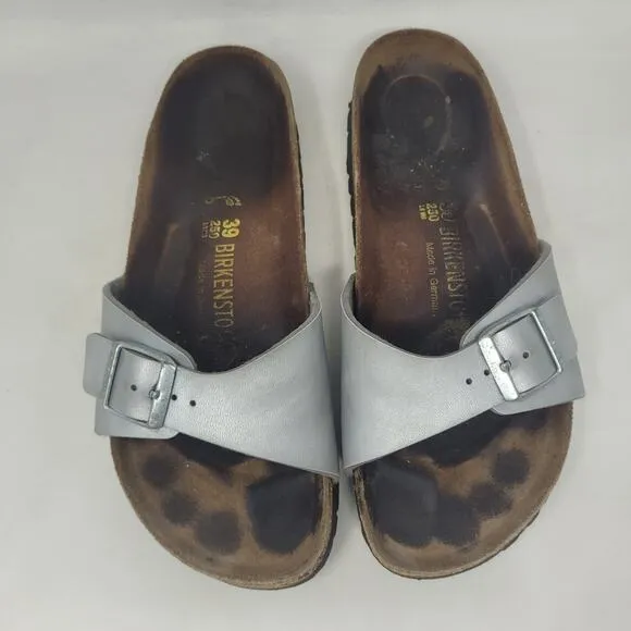 Birkenstock Sandals Metallic Silver EU39 US8.5 Madrid Birko-Flor Slip On Slides