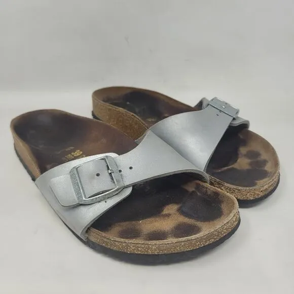 Birkenstock Sandals Metallic Silver EU39 US8.5 Madrid Birko-Flor Slip On Slides