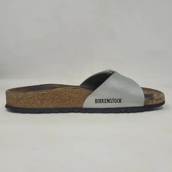 Birkenstock Sandals Metallic Silver EU39 US8.5 Madrid Birko-Flor Slip On Slides
