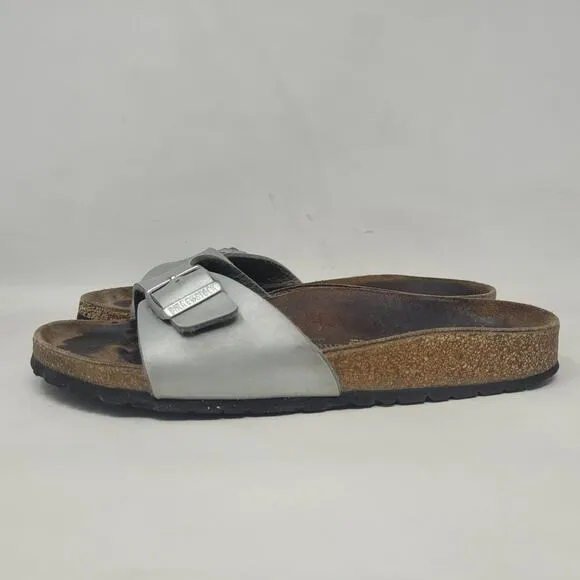 Birkenstock Sandals Metallic Silver EU39 US8.5 Madrid Birko-Flor Slip On Slides