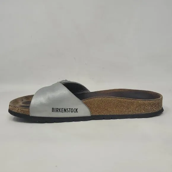 Birkenstock Sandals Metallic Silver EU39 US8.5 Madrid Birko-Flor Slip On Slides