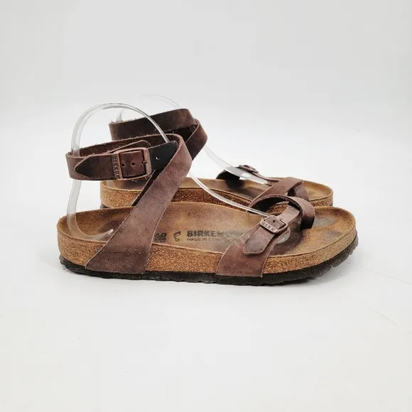 Birkenstock Yara Womens 9.5 Bohemian Brown Leather Ankle Wrap Minimalist Sandals