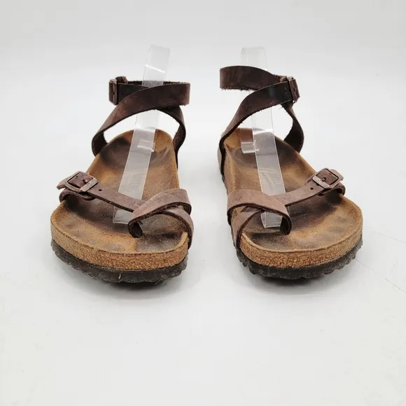 Birkenstock Yara Womens 9.5 Bohemian Brown Leather Ankle Wrap Minimalist Sandals