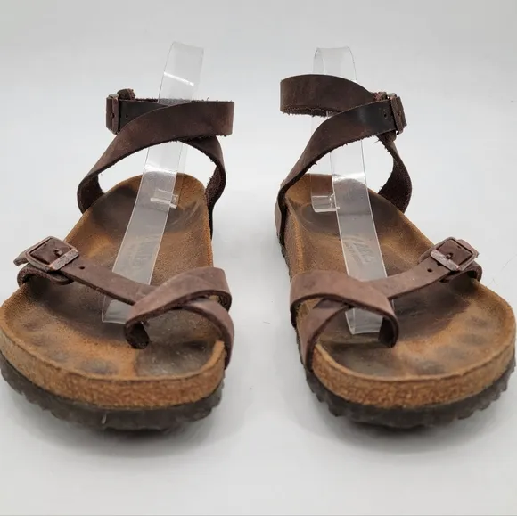 Birkenstock Yara Womens 9.5 Bohemian Brown Leather Ankle Wrap Minimalist Sandals