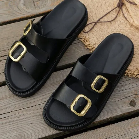 Black Fashionable Women's Buckle Decorated Platform Sandals