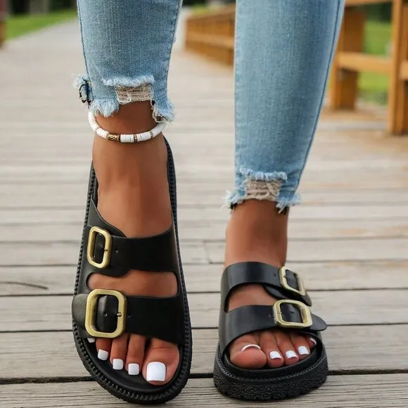 Black Fashionable Women's Buckle Decorated Platform Sandals