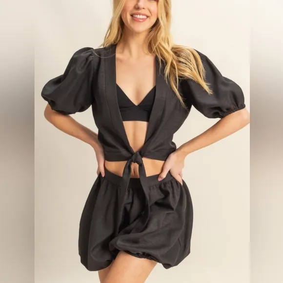 Black Puff Sleeve Tie-Front Top and Bubble Shorts Set