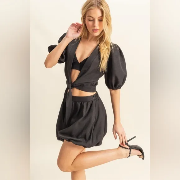 Black Puff Sleeve Tie-Front Top and Bubble Shorts Set