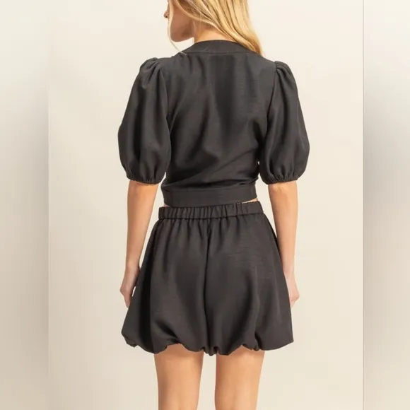 Black Puff Sleeve Tie-Front Top and Bubble Shorts Set