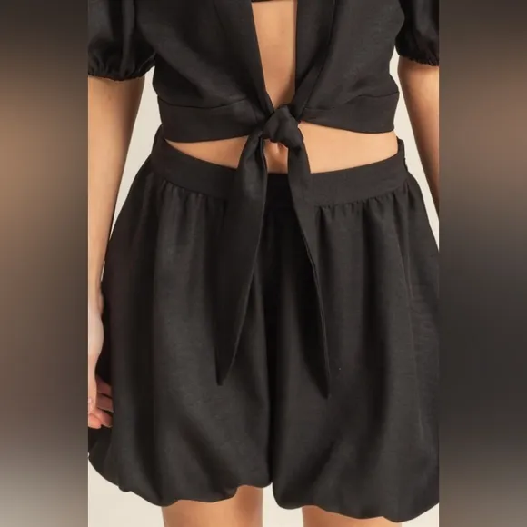 Black Puff Sleeve Tie-Front Top and Bubble Shorts Set