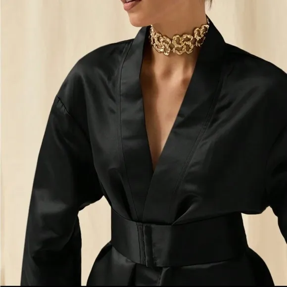 Black satin thick premium quality oversized belted wide sleeve kimono dress