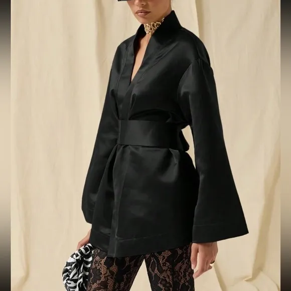 Black satin thick premium quality oversized belted wide sleeve kimono dress