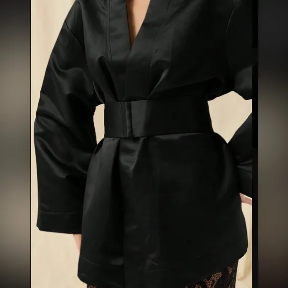 Black satin thick premium quality oversized belted wide sleeve kimono dress