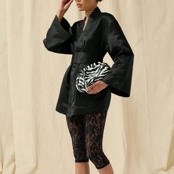 Black satin thick premium quality oversized belted wide sleeve kimono dress