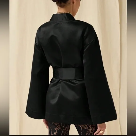 Black satin thick premium quality oversized belted wide sleeve kimono dress